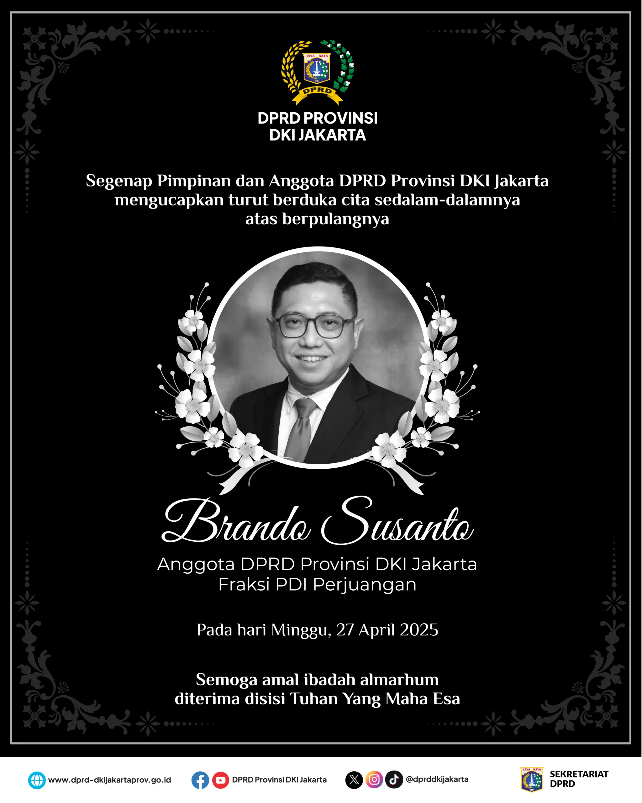 Anggota DPRD DKI Brando Susanto meninggal