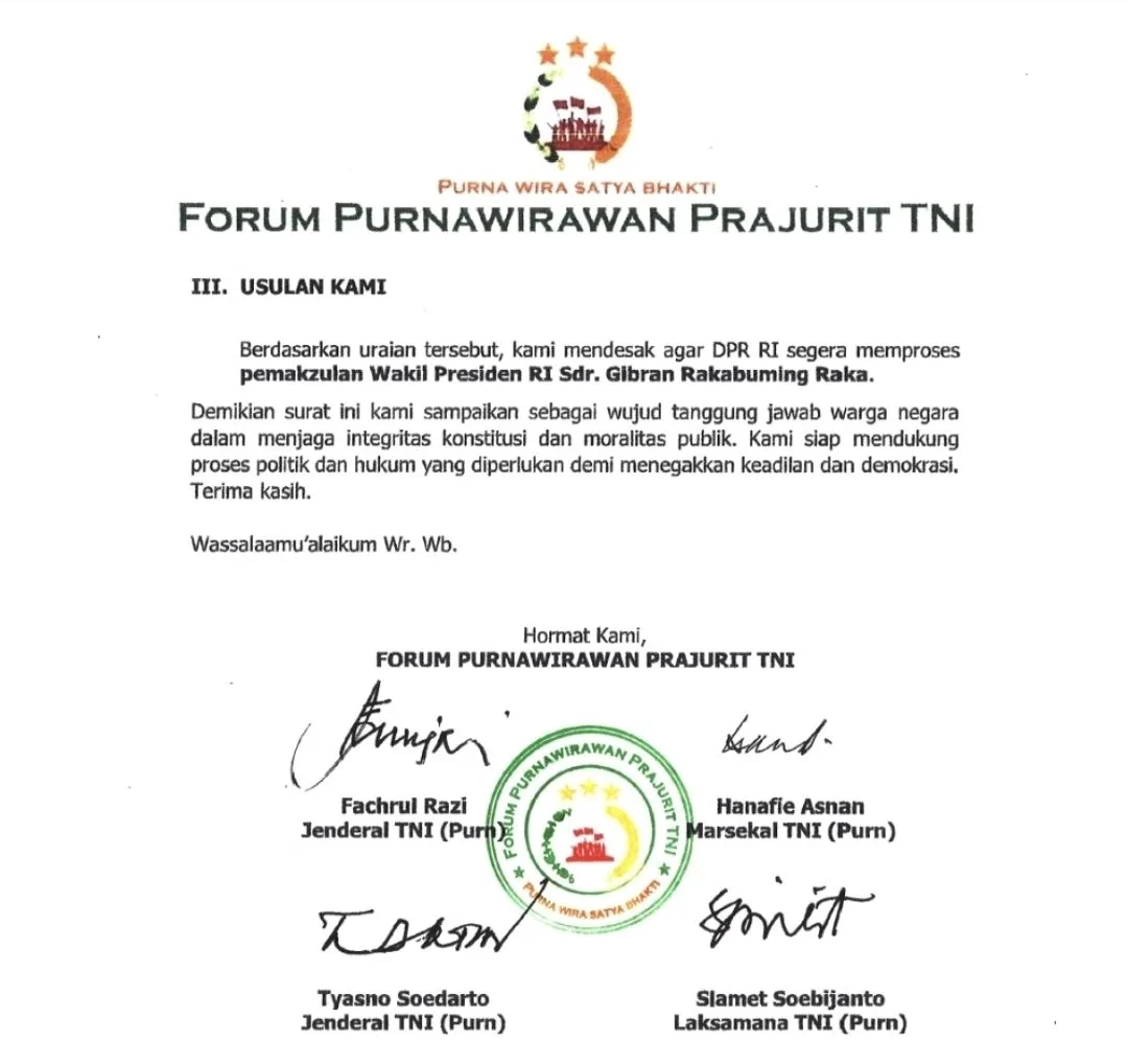 DPR RI Terima Surat Resmi dari Forum Purnawirawan TNI, Usulan Pemakzulan Gibran