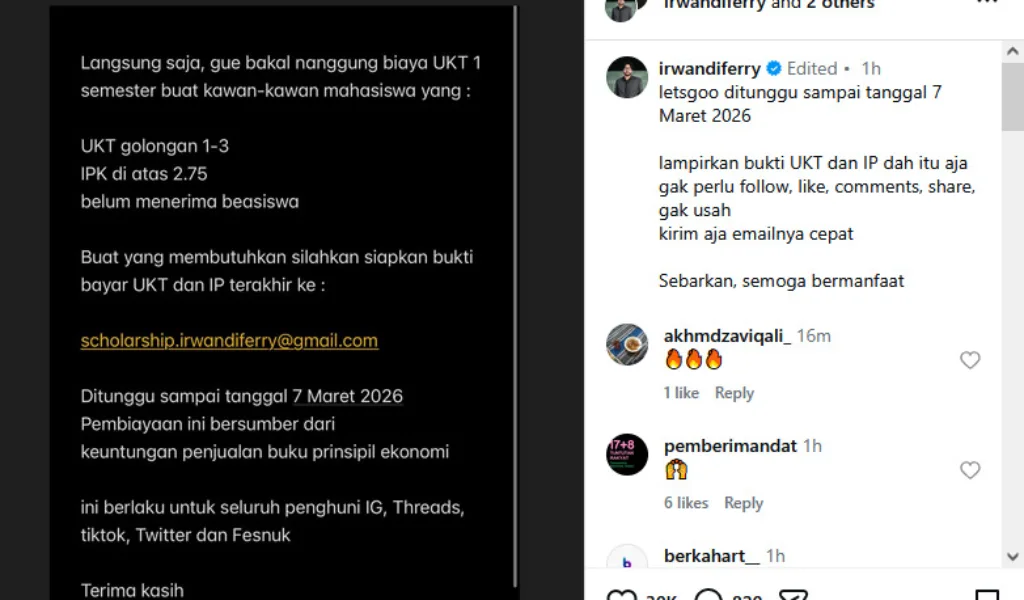 Beasiswa Ferry Irwandi: Tanggung UKT Mahasiswa 1 Semester