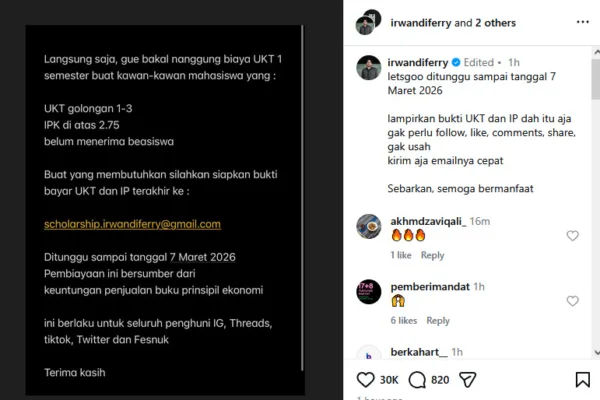 Beasiswa Ferry Irwandi: Tanggung UKT Mahasiswa 1 Semester