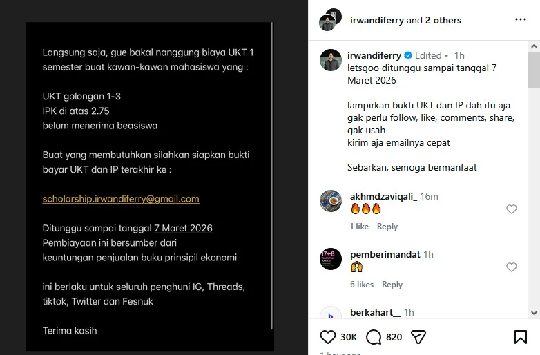 Beasiswa Ferry Irwandi: Tanggung UKT Mahasiswa 1 Semester