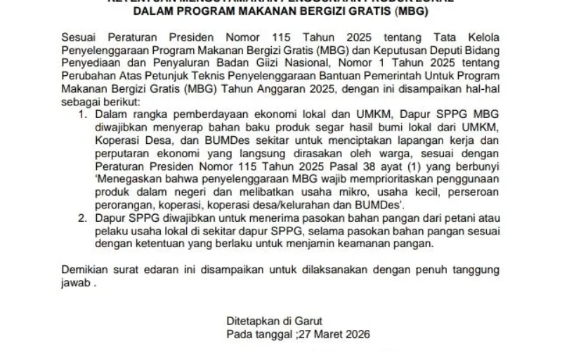 Bupati Garut Terbitkan Surat Edaran Program MBG Wajib  Utamakan Produk Lokal